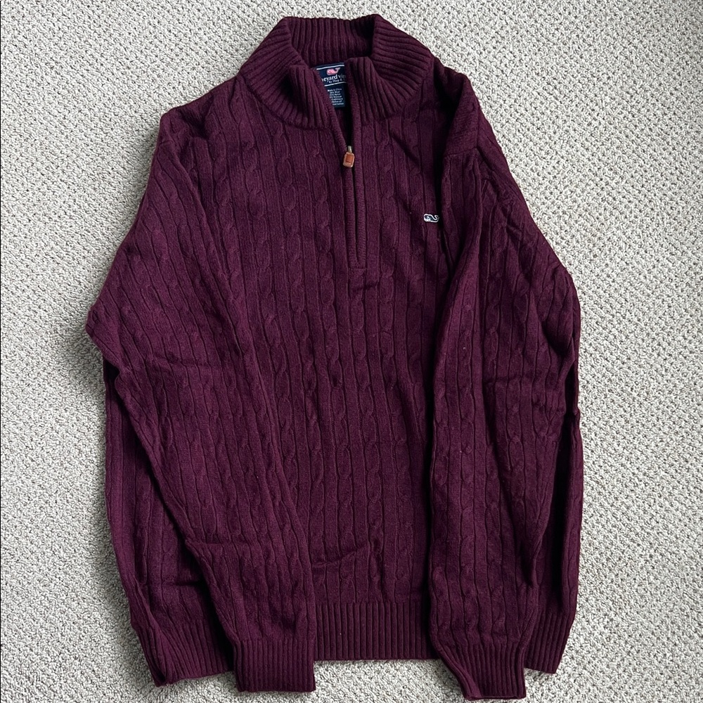 Vineyard Vines Men's Burgundy Cable Knit Zip-Up Sweater